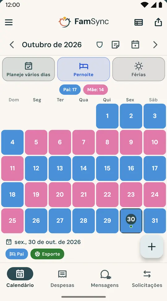 O calendário da guarda — Você define os turnos uma vez só (semanas alternadas, 2-2-3, fins de semana alternados ou um esquema próprio) e a mãe e o pai veem o mesmo calendário, com as noites de cada um.
