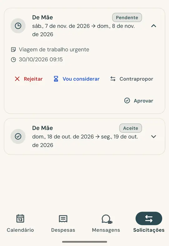 Uma troca de dias, sem briga — Peça para trocar um fim de semana pelo app: o outro genitor aceita ou recusa, e a decisão fica registrada com data e hora.