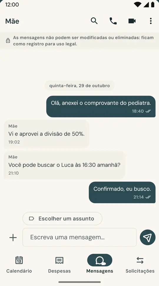 Um chat só para os filhos — Separado das mensagens do dia a dia. As mensagens enviadas não podem ser editadas nem apagadas.