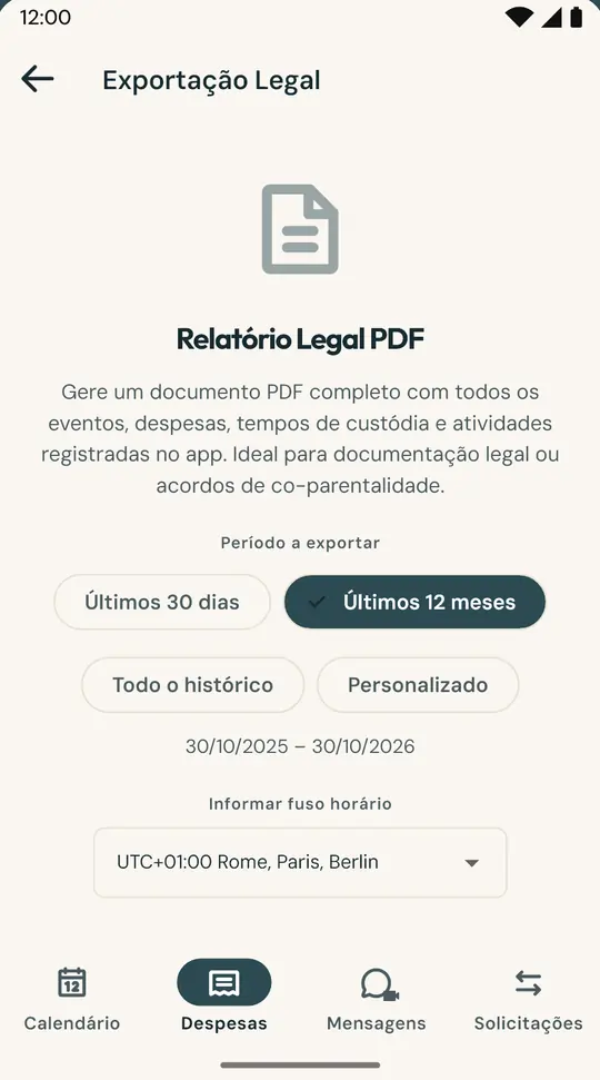 O relatório para o advogado ou o mediador — Um PDF com o calendário, os pernoites, as despesas e as mensagens do período que você escolher, com uma impressão digital SHA-256 para verificar que não foi alterado.