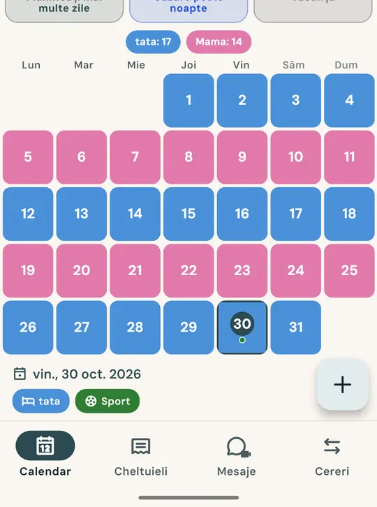 Calendarul de custodie — Configurați programul o singură dată (săptămâni alternate, 2-2-3, un weekend din două sau schema voastră) și ambii părinți văd același calendar cu nopțile fiecăruia.