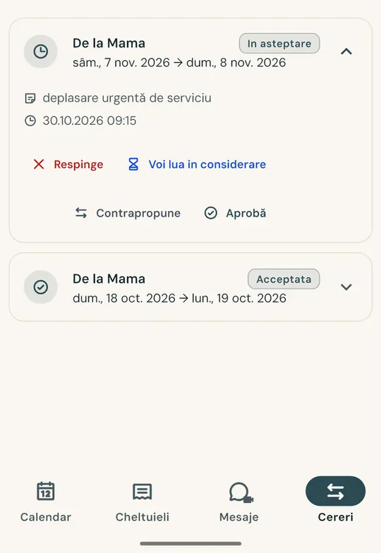 Un schimb de tură, fără certuri — Cereți schimbul unui weekend direct din aplicație: celălalt părinte acceptă sau refuză, iar acordul rămâne salvat cu dată și oră.