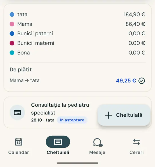 Împărțirea corectă a cheltuielilor — Fotografiați bonul fiscal și suma cu data se completează automat. Împărțiți 50/50 sau după cota convenită: soldul este mereu la zi.