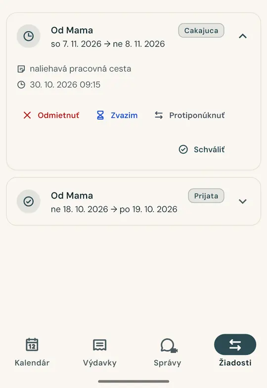 Výmena termínu bez sporov — Požiadajte o výmenu víkendu priamo v aplikácii: druhý rodič žiadosť prijme alebo odmietne a rozhodnutie sa zaznamená s dátumom a časom.