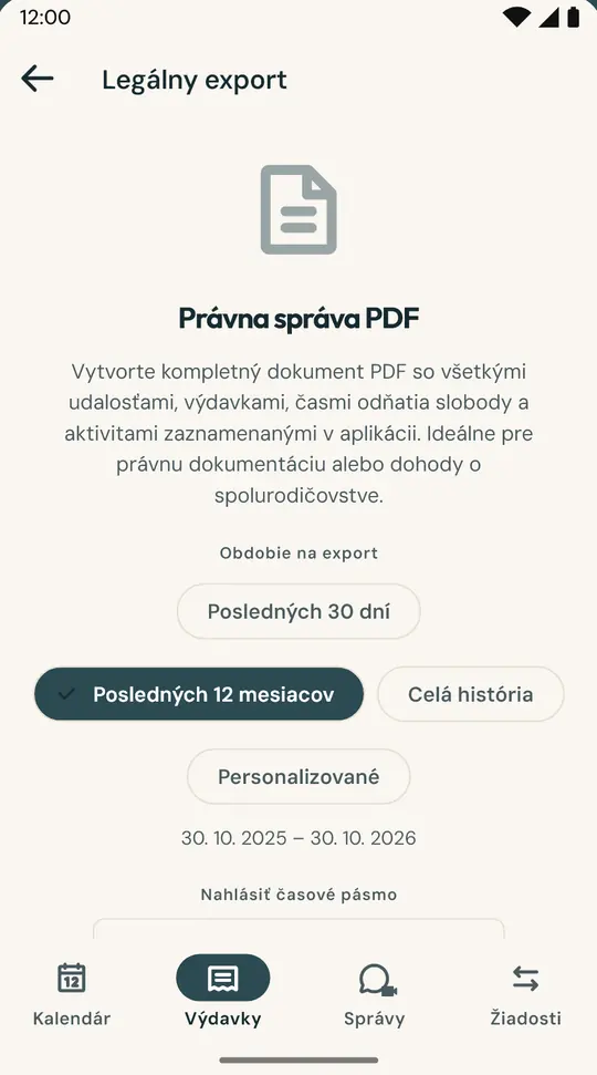 Súhrnná správa pre advokáta alebo mediátora — PDF dokument s kalendárom, prenocovaniami, výdavkami a správami za vybrané obdobie, chránený kontrolným odtlačkom SHA-256 potvrdzujúcim neporušenosť súboru.