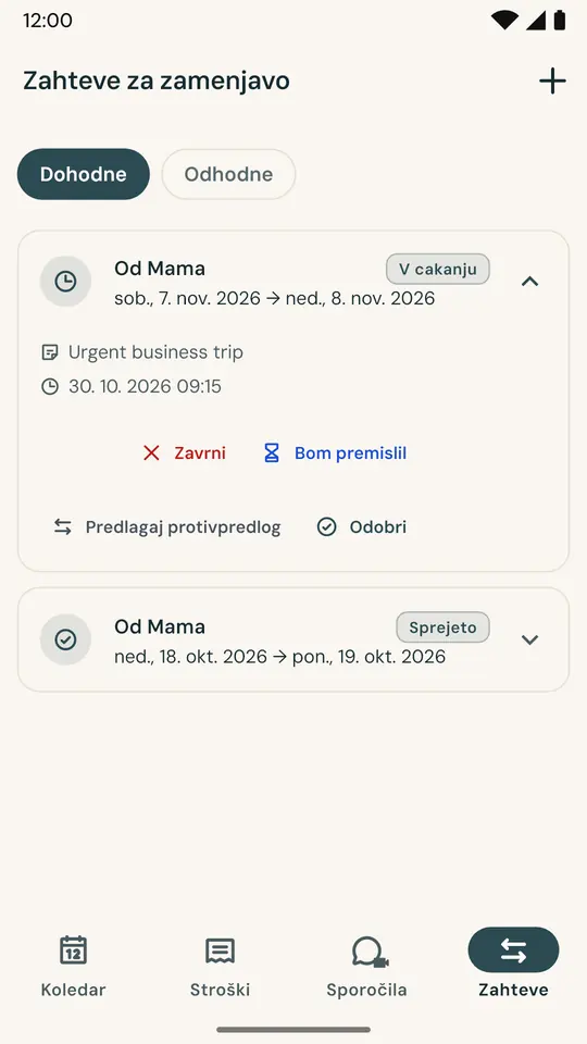 Zamenjava dneva brez prepirov — Zahtevajte zamenjavo vikenda neposredno v aplikaciji: drugi starš zahtevo sprejme ali zavrne, dogovor pa se zabeleži z datumom in uro.