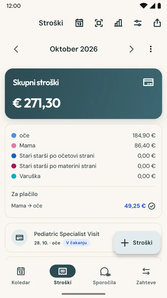 Pravična delitev otroških stroškov — Fotografirajte račun in znesek ter datum se izpolnita samodejno. Delite 50/50 ali po dogovorjenem deležu: saldo je vedno ažuren.