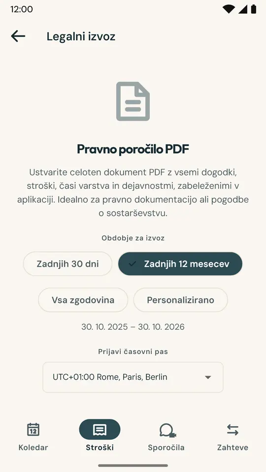 Poročilo za odvetnika ali mediatorja — Dokument PDF s koledarjem, prenočitvami, stroški in sporočili za izbrano obdobje, opremljen s prstnim odtisom SHA-256 za potrditev pristnosti.