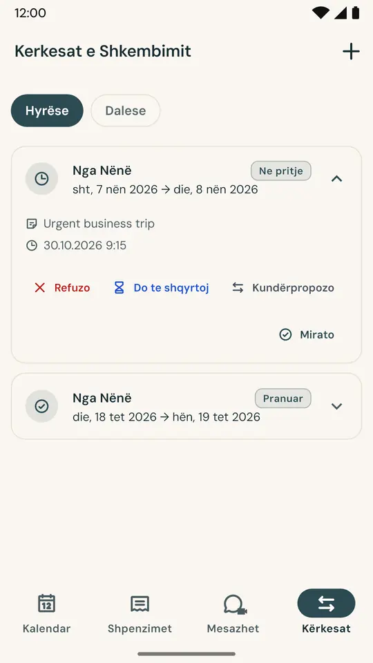 Ndërrimi i ditës pa grindje — Kërkoni ndërrimin e një fundjave direkt nga aplikacioni: prindi tjetër pranon ose refuzon, dhe vendimi regjistrohet me datë dhe orë.
