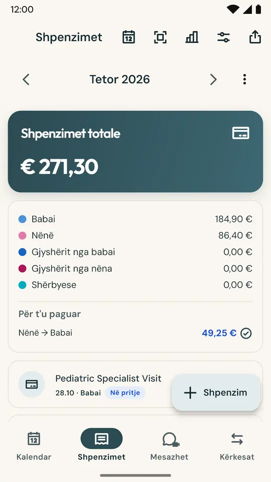 Ndarja e drejtë e shpenzimeve të fëmijëve — Fotografoni faturën dhe shuma me datën plotësohen automatikisht. Ndani 50/50 ose sipas marrëveshjes suaj: bilanci mbetet gjithmonë i saktë.