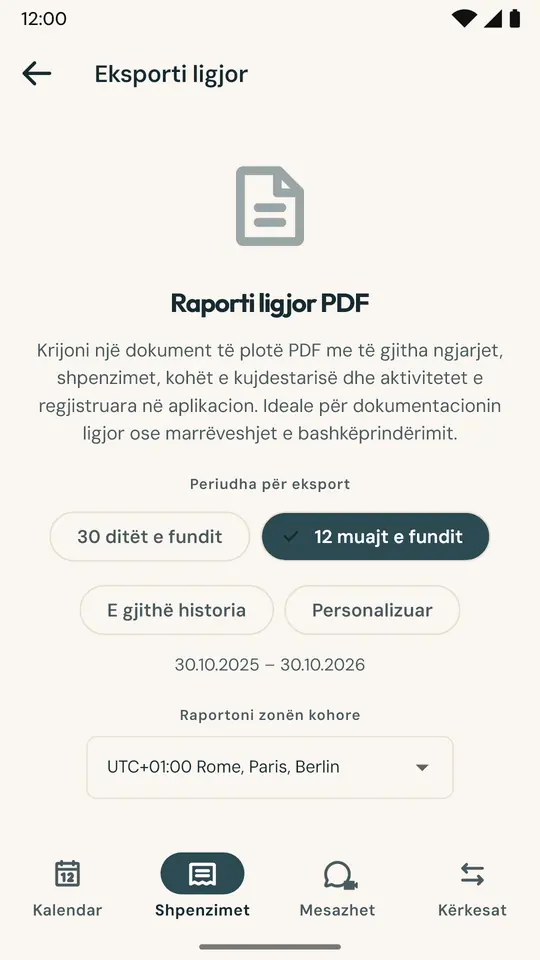 Raport për avokatin ose ndërmjetësin — Dokument PDF me kalendarin, netët, shpenzimet dhe mesazhet për periudhën e zgjedhur, me shenjë dixhitale SHA-256 për verifikimin e vërtetësisë.
