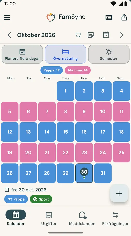 Umgängesschemat — Ställ in schemat en gång (varannan vecka, 2-2-3, varannan helg eller ett eget upplägg) så ser båda föräldrarna samma kalender med allas nätter.