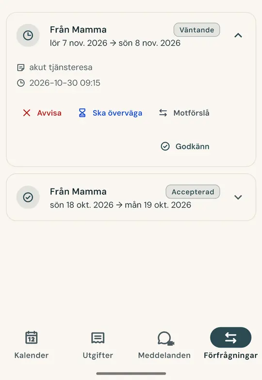 Byt en dag utan konflikter — Fråga om att byta en helg direkt i appen: den andra föräldern godkänner eller avböjer, och överenskommelsen sparas med datum och tid.