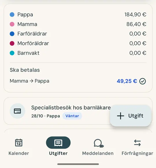 Dela på barnens utgifter — Ta en bild av kvittot så fylls belopp och datum i automatiskt. Dela 50/50 eller enligt er överenskommelse: saldot hålls alltid uppdaterat.