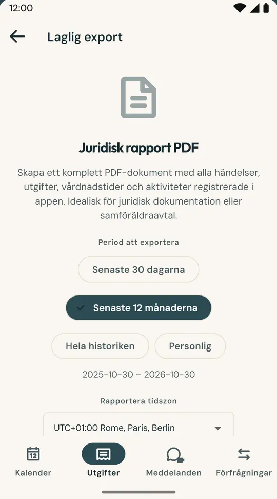 Rapporten för advokat eller medlare — En PDF med kalender, övernattningar, utgifter och meddelanden för vald period, försedd med ett SHA-256-fingeravtryck som visar att filen är oförvanskad.