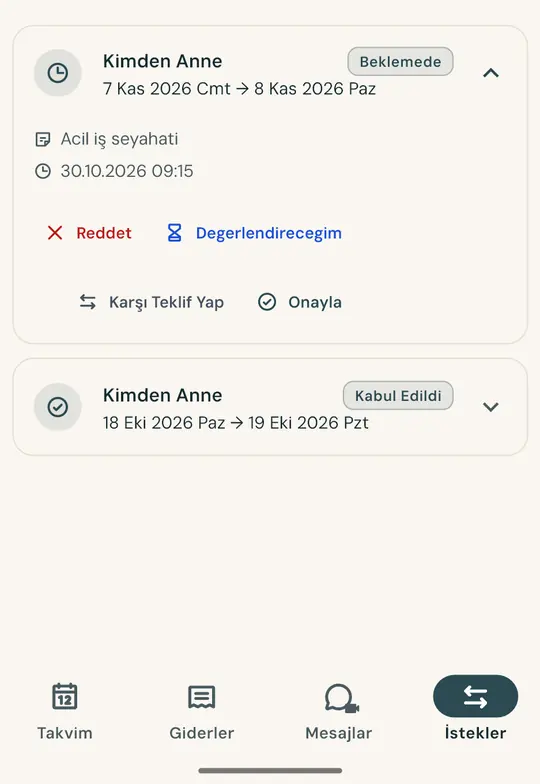 Tartışmasız gün değişimi — Uygulama üzerinden doğrudan hafta sonu takası talep edin: diğer ebeveyn kabul eder veya reddeder, karar tarih ve saatle kayıt altına alınır.