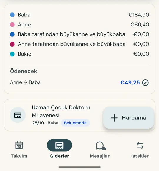 Çocuk masraflarını adil paylaşın — Fişin fotoğrafını çekin, tutar ve tarih otomatik doldurulsun. Yarı yarıya veya anlaştığınız oranda bölün: bakiye her zaman güncel kalsın.